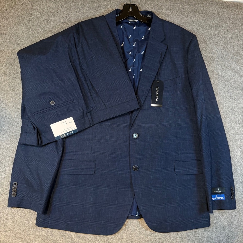 Nautica Mens Blue Plaid Modern Fit Active Stretch Suit 46R W41 NA0055 GAFF